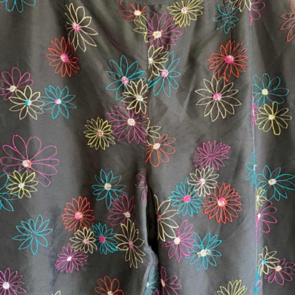 Silkland 100% Silk Pants Women Size 14 Black with Floral Embroidery Colorful lux - Picture 4 of 8